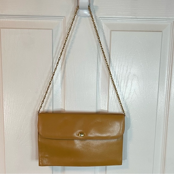 Vintage Italian Leather Double Flap Clutch Bag Caramel Brown Gold Chain 90s Luxe - Picture 2 of 12